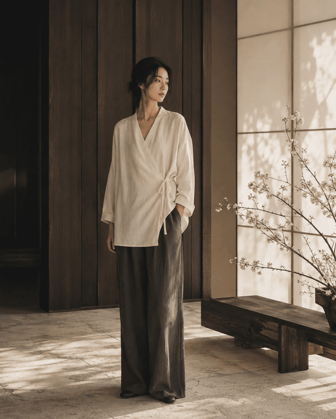Imagen conceptual de una modelo con chaqueta marfil y pantalón carbón, entre paneles de madera y papel.